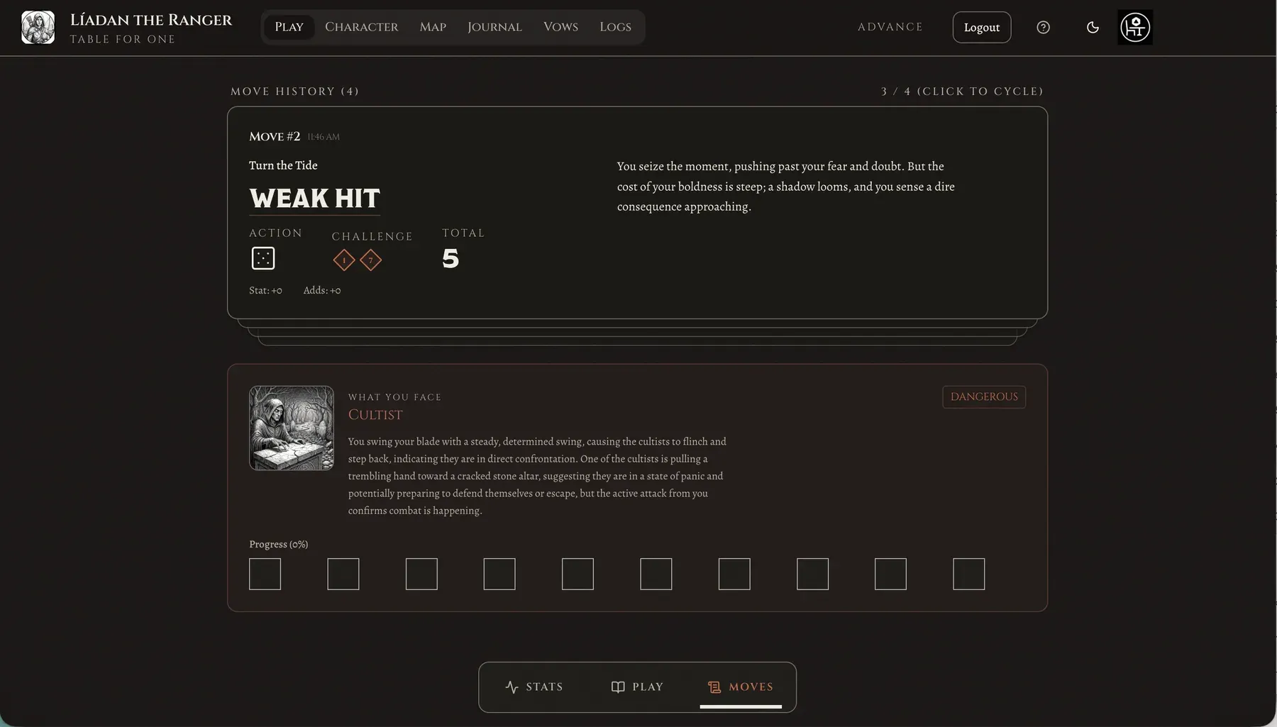 Moves screen showing a weak hit result, action and challenge dice, and a dangerous cultist progress track.