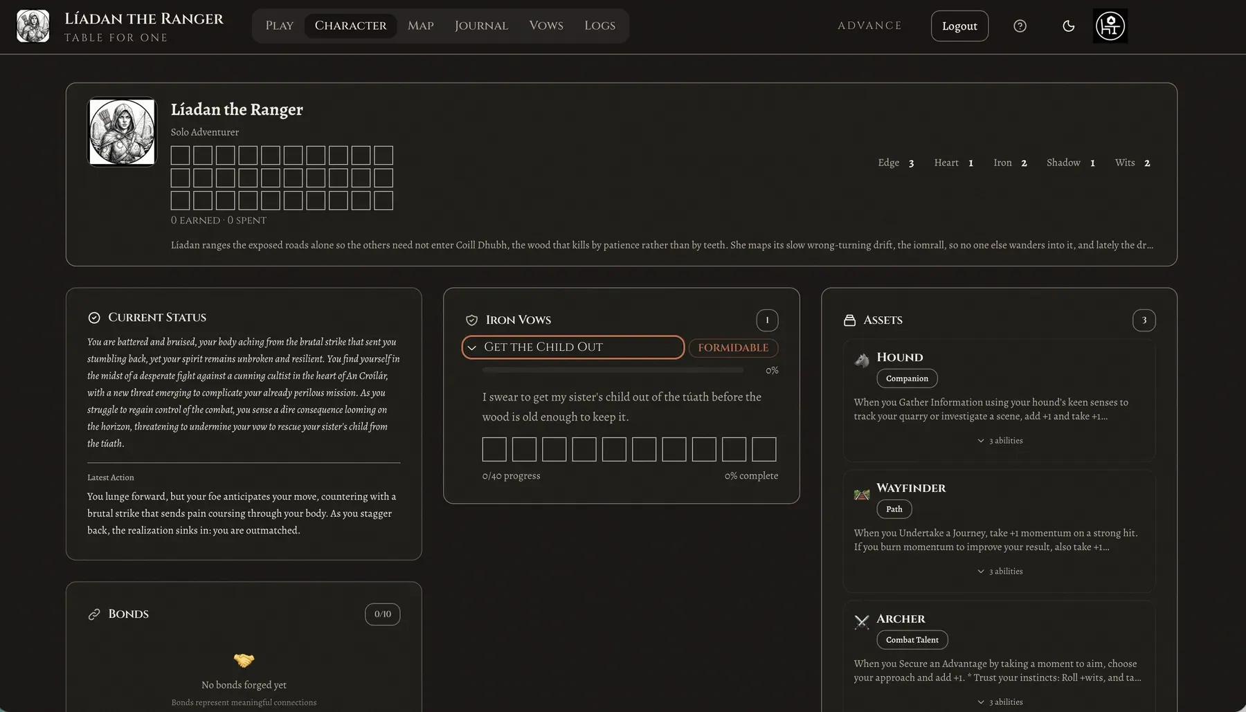 Character screen showing Liádan the Ranger with current status, iron vow, assets, bonds, and progress.