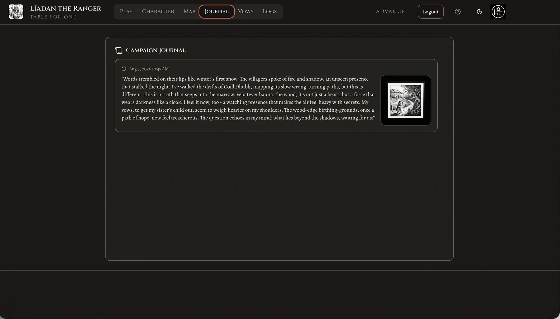 Campaign journal screen showing a dated narrative entry and its engraved location image.