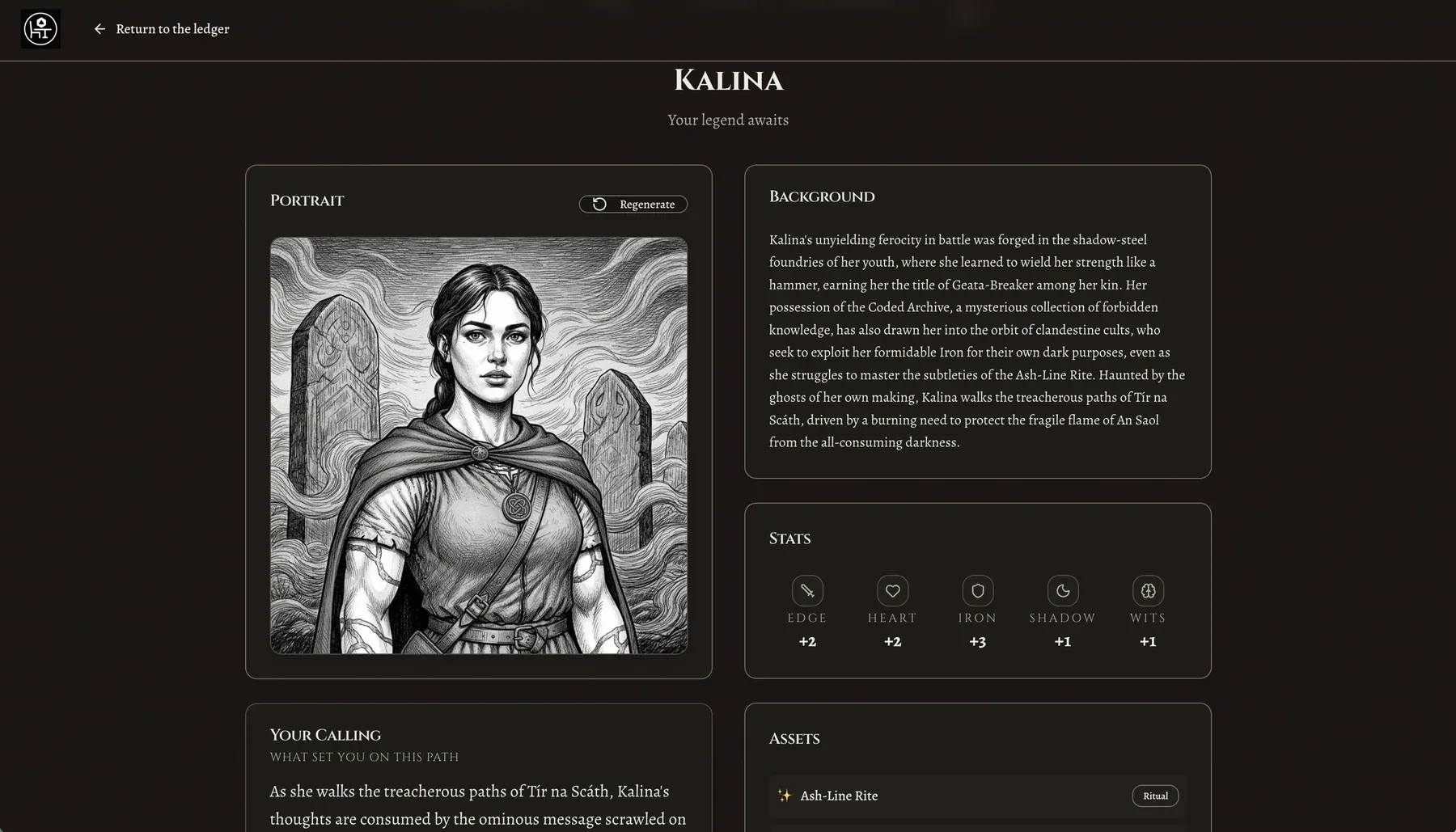 Character creation summary for Kalina with portrait, background, stats, calling, and assets.