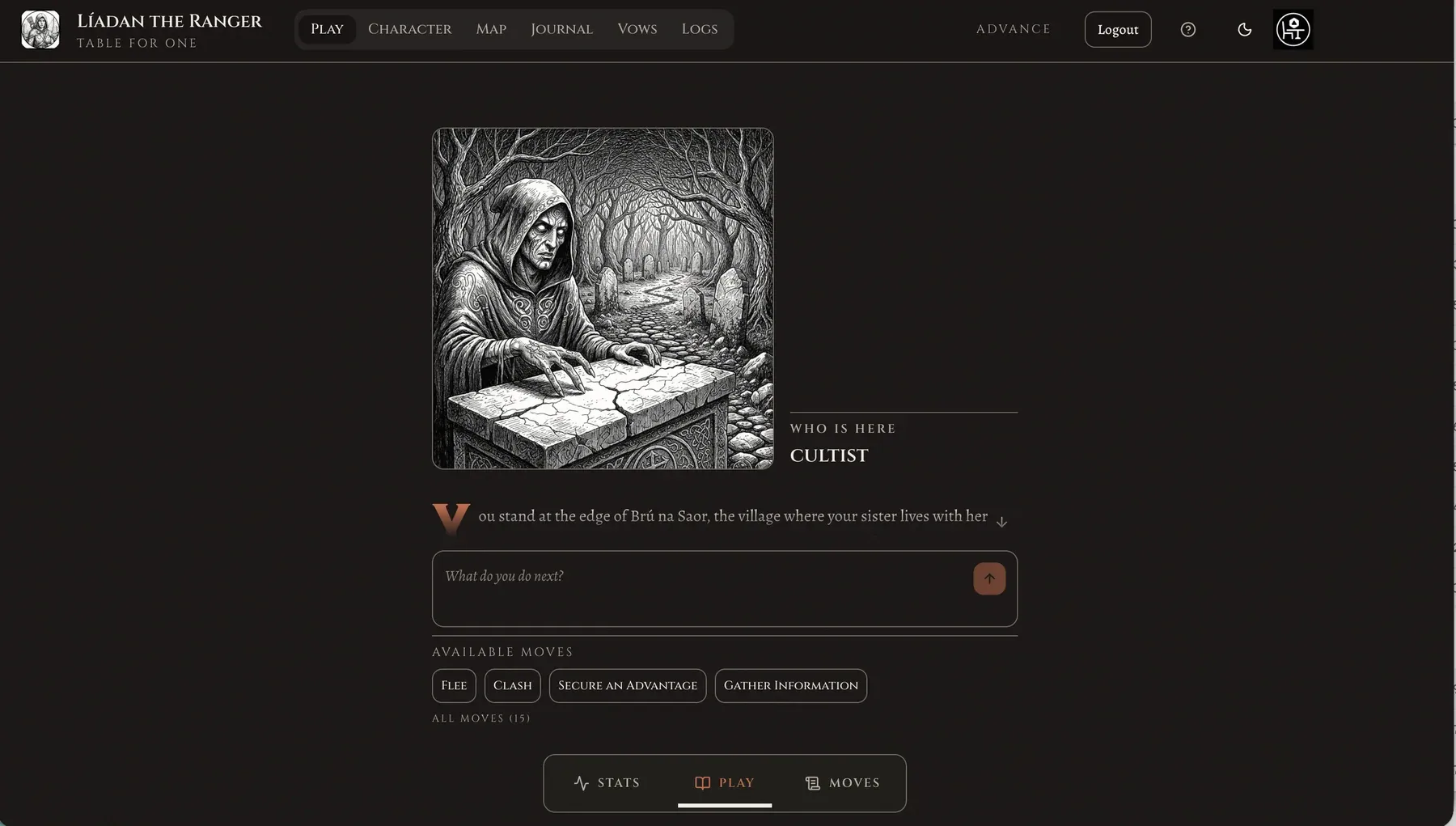 Table for One play screen showing an illustrated cultist encounter, narrative prompt, available moves, and the player composer.