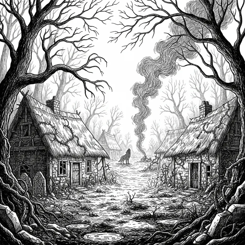 Engraving: an abandoned cottage among bare trees, a thread of smoke from a neighbouring roof