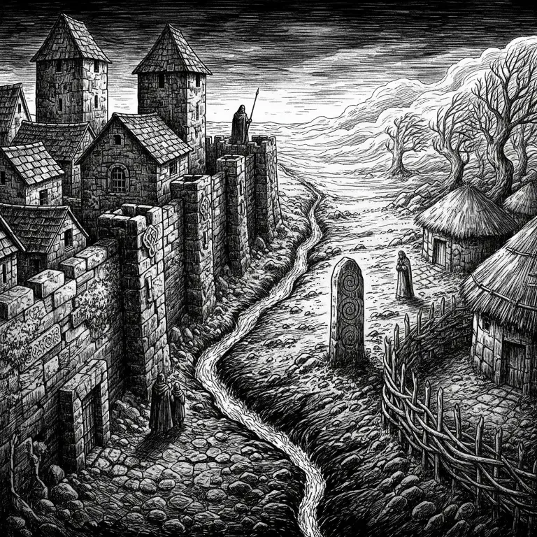 Engraving: a sprawling hillside settlement of stone houses and huts along a winding path, a carved standing stone among them