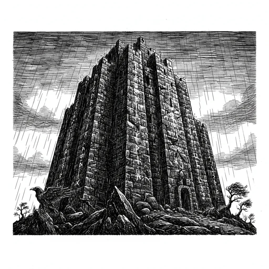 Engraving: a jagged tower of black basalt columns rising from the rocks under a heavy sky