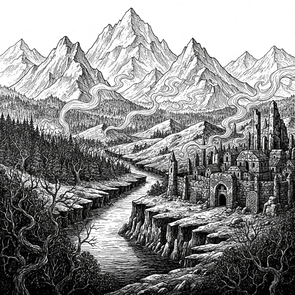 Engraving: a river valley threading between bare mountains, a ruined wall along the near bank