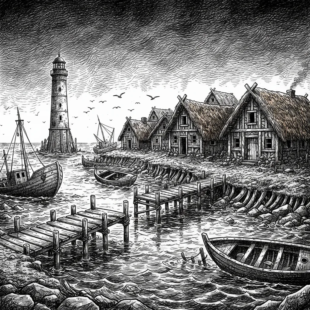 Engraving: a harbour village with a lighthouse, jetties and small boats along a rocky shore
