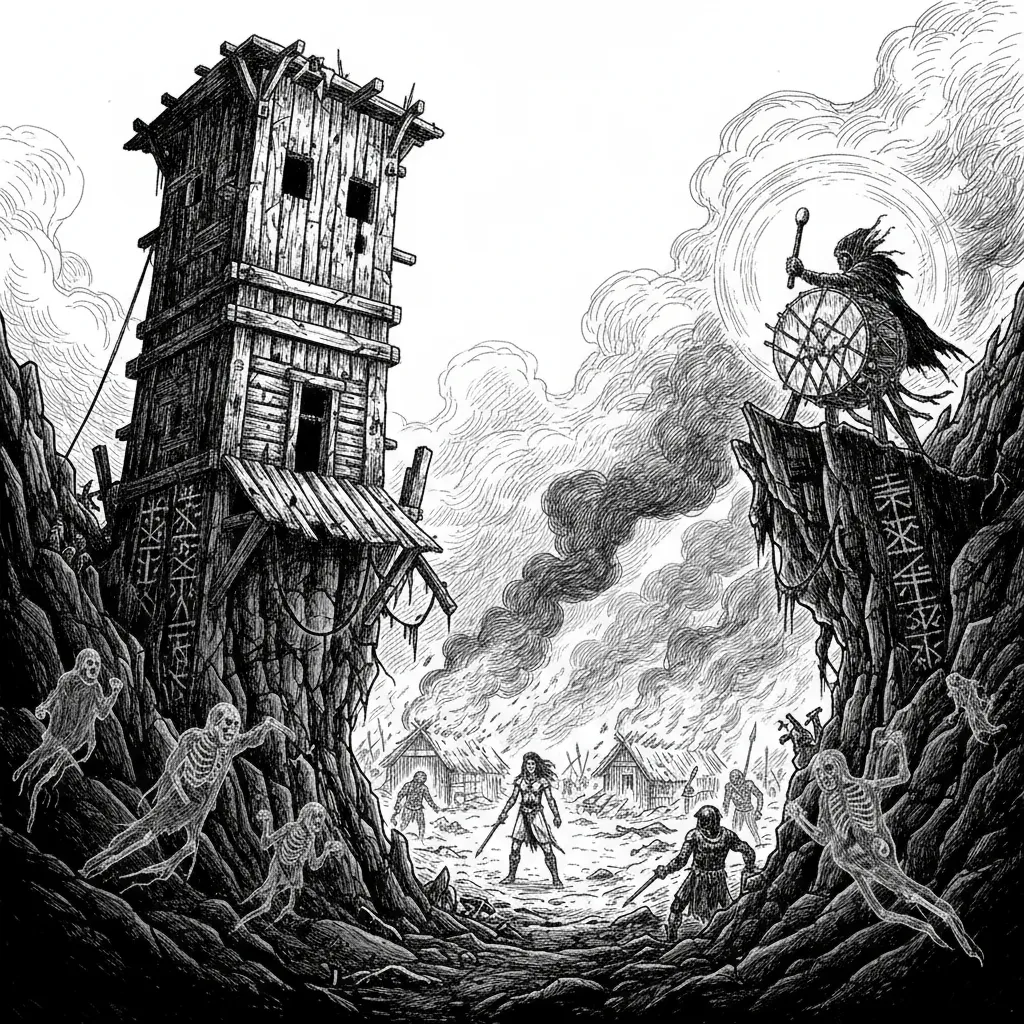 Engraving: a crooked timber-and-stone watchtower over a village, tiny figures below