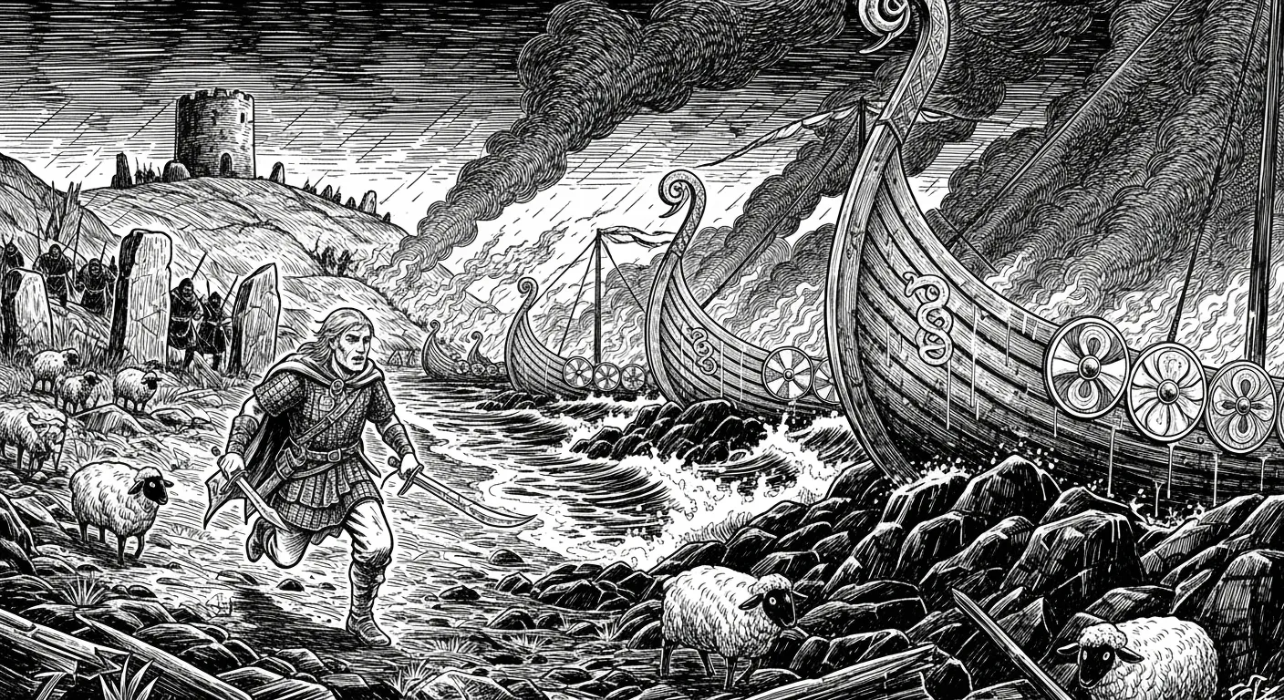 Engraving: longships driving through a heavy sea toward a rocky coast