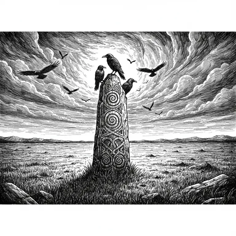 Engraving: a carved standing stone crowned with ravens on an open moor under a swirling sky