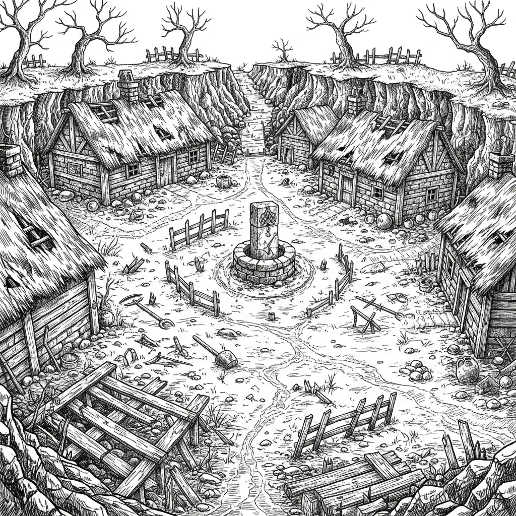 Engraving: a circular earthwork ringfort seen from above, a standing stone at its centre