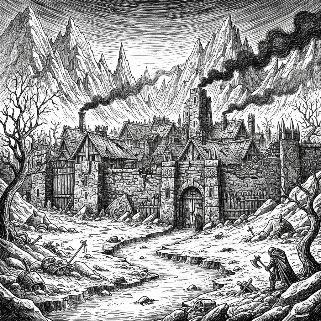Engraving: a sprawling ruined town of broken stone houses under a smoke-streaked sky