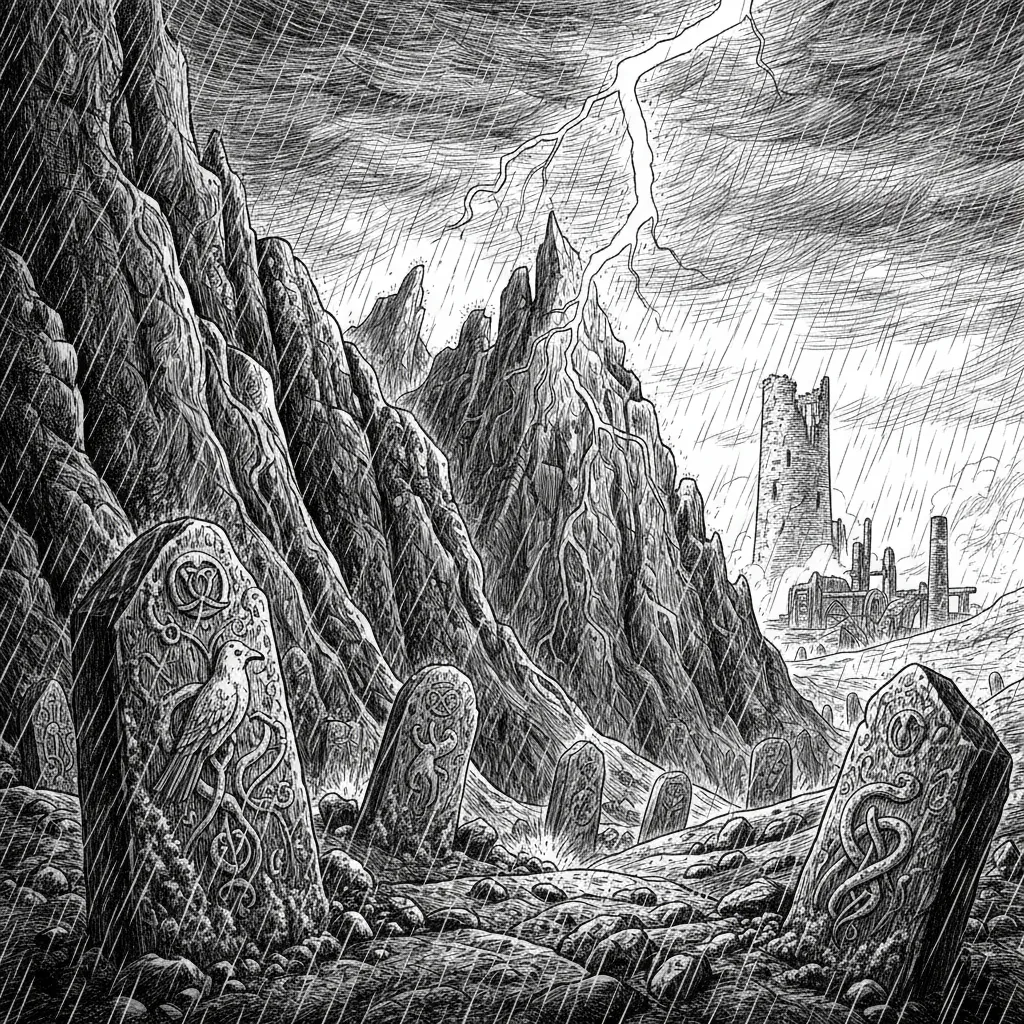 Engraving: a steep mountain crag carved with runework, a distant tower on the ridge