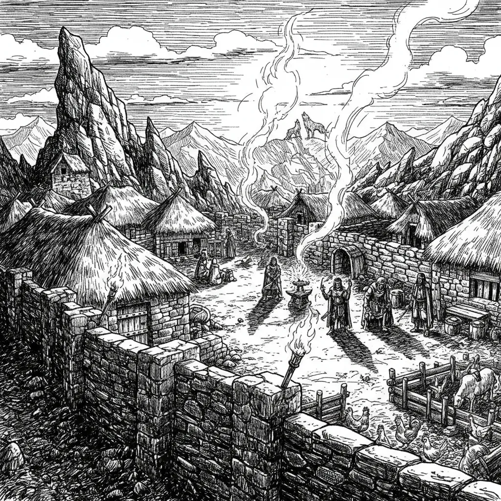 Engraving: a walled hill settlement below a mountain pass, chimney smoke rising, a standing arch on the road