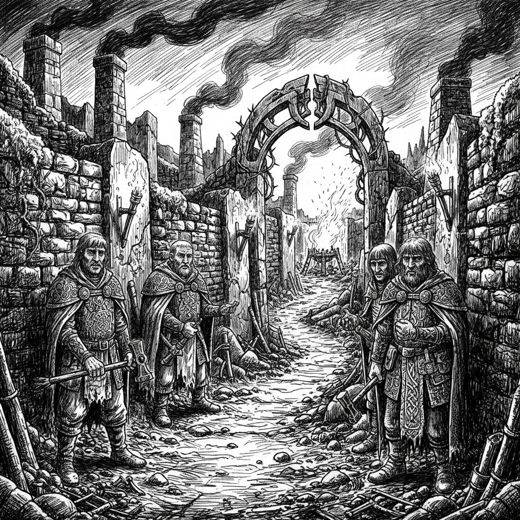 Engraving: a ruined stone archway on a walled road, two watching figures beneath it