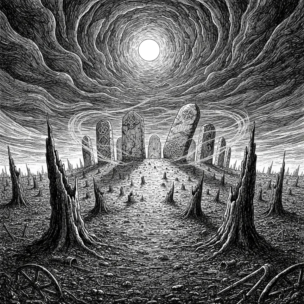 Engraving: a barrow road beneath a ring of bare trees around a pale sun, a cart halted on the path