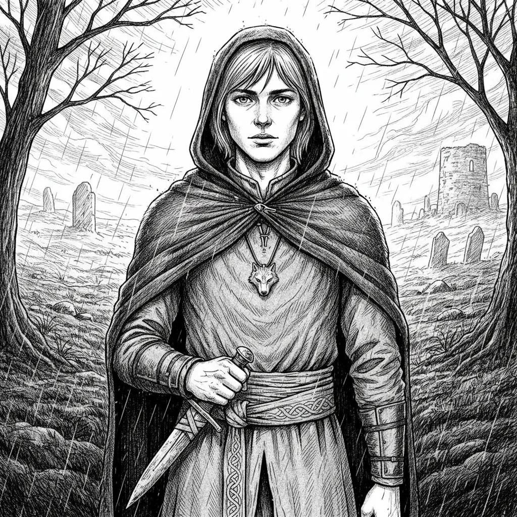 Engraving: a hooded traveler with a knife at their belt on a road, ruined markers behind