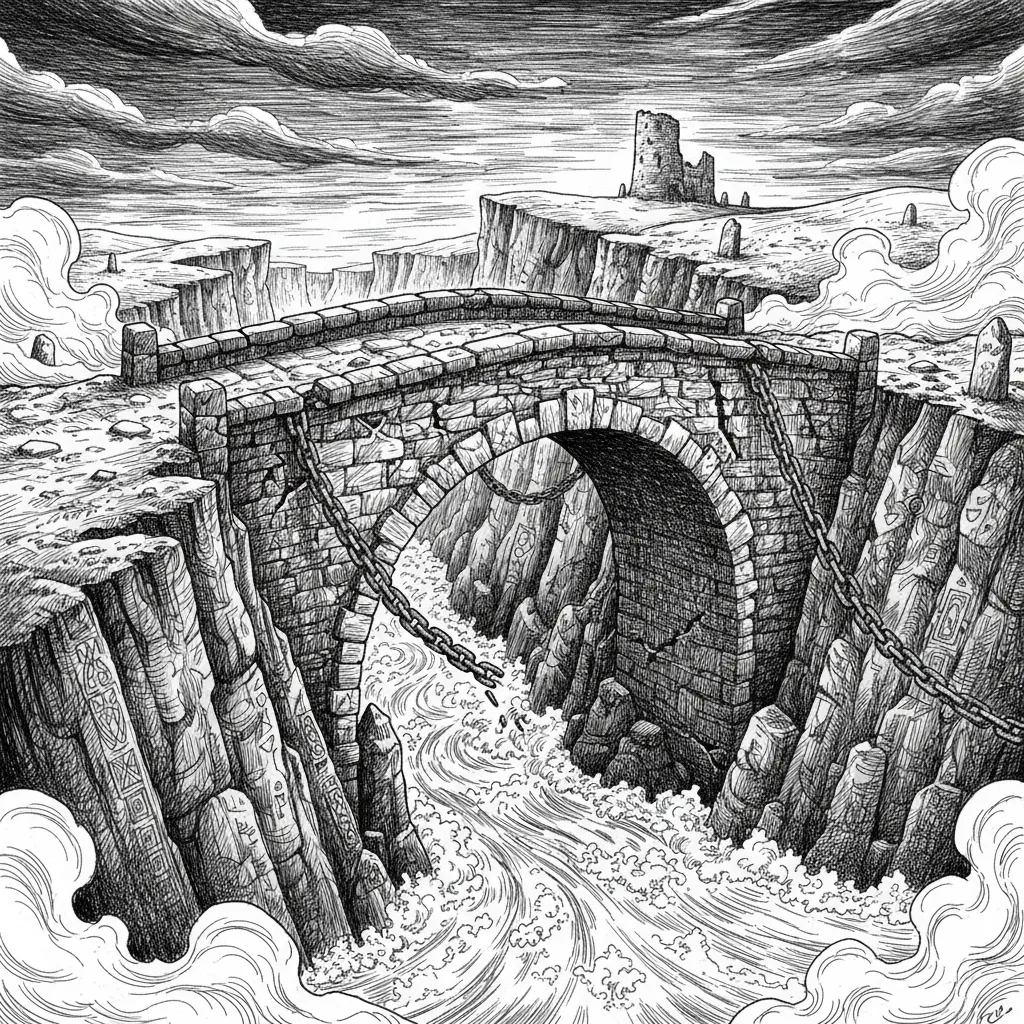 Engraved location card from the session: a chained stone bridge over a flood-swollen gorge, a broken tower on the far cliff