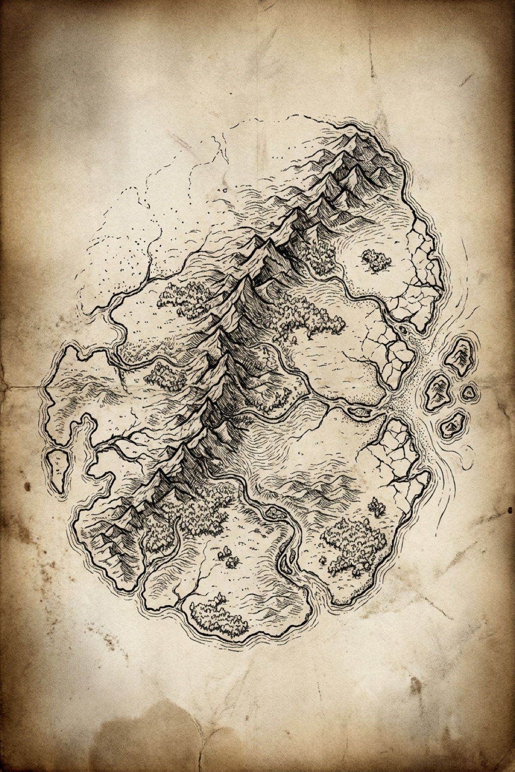 An illustrated field map of Tír na Scáth, showing its mountain spine, coasts, forests, rivers, and islands.