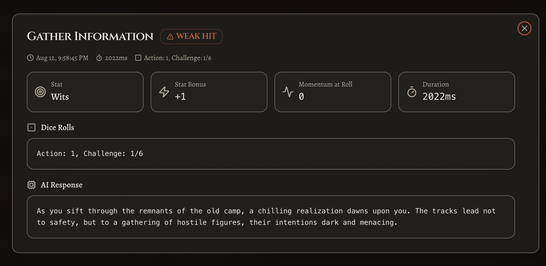 Rule execution detail for Gather Information showing a weak hit, action die 1, challenge dice 1 and 6, Wits plus 1, and the resulting generated response.