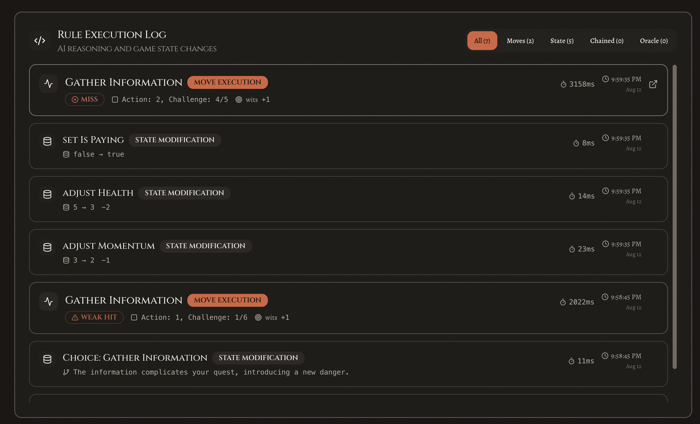 Rule execution log overview showing multiple Gather Information move entries and state mutations recorded across a development session.
