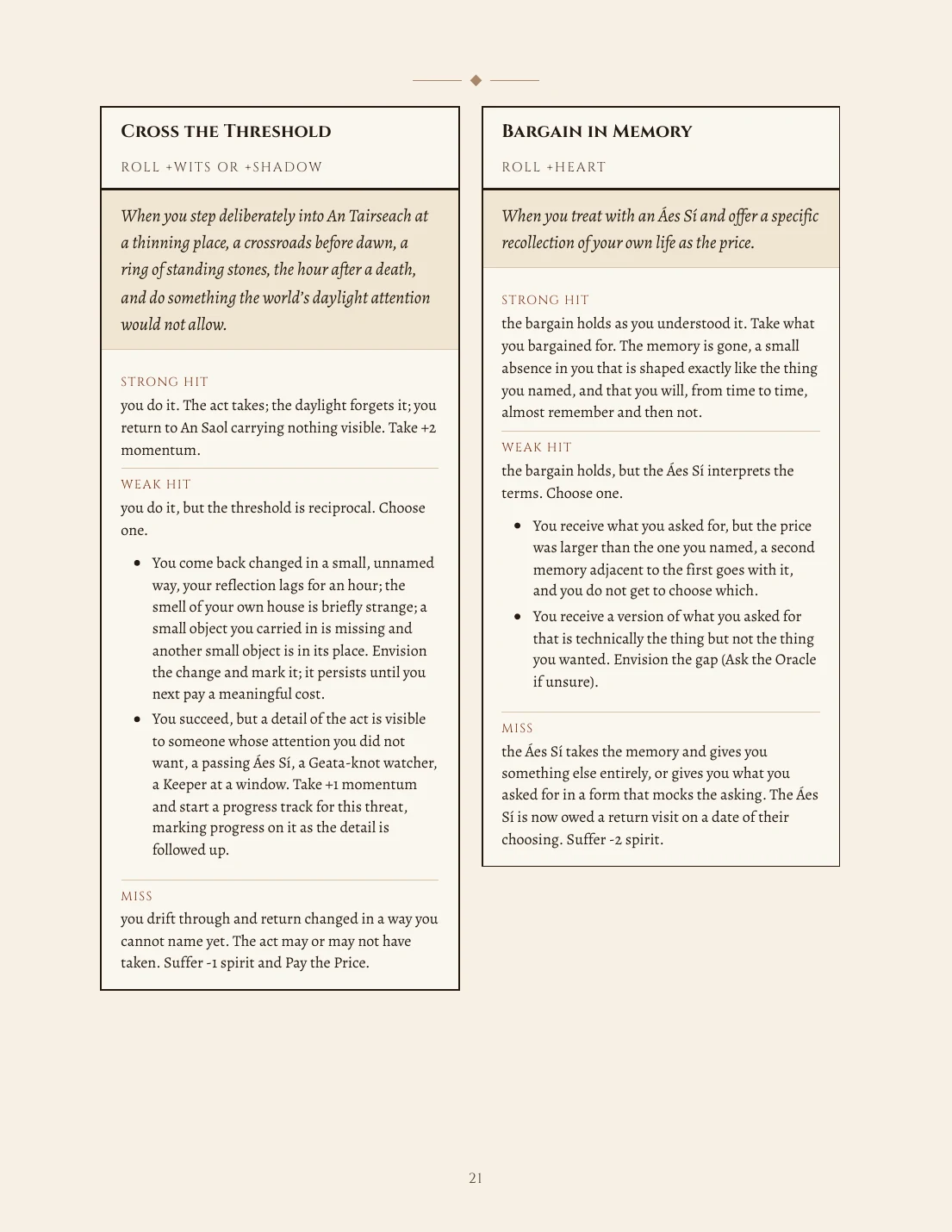 Page 21 of the Tír na Scáth Player Supplement showing the custom Ironsworn moves Cross the Threshold and Bargain in Memory.