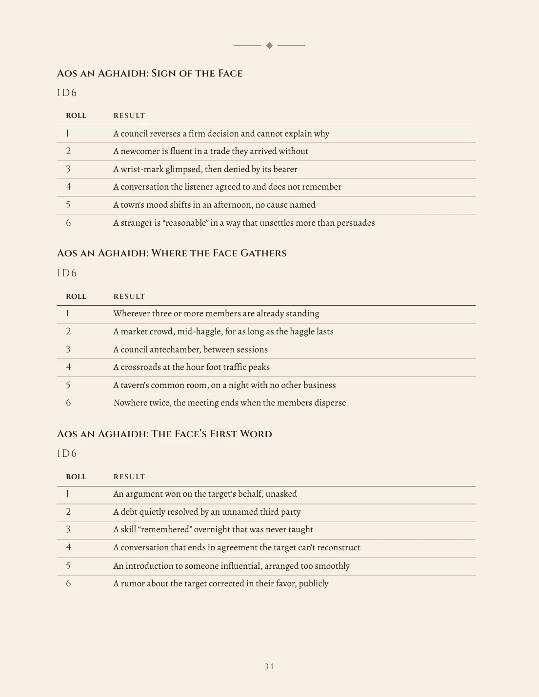 Page 34 of the Tír na Scáth Player Supplement showing three rollable six-entry oracles.